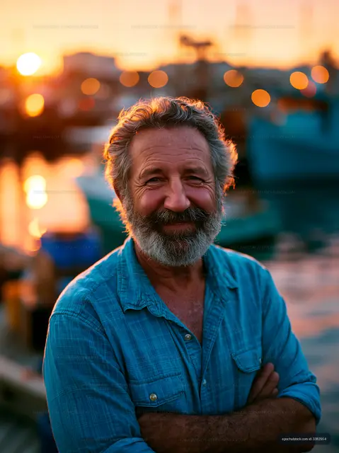 Smiling man standing by the docks at sunset