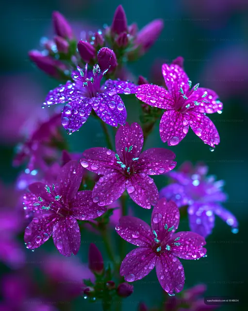 Colorful flowers with water droplets close up