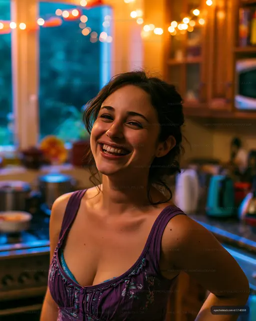 Woman smiling in a cozy kitchen with warm lighting at nighttime