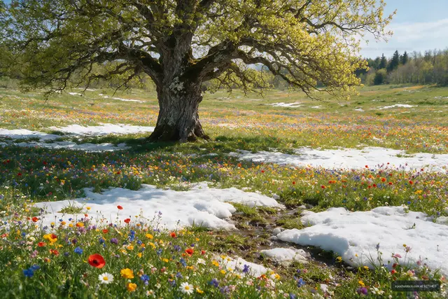 Snow melts over colorful flowers in a green meadow