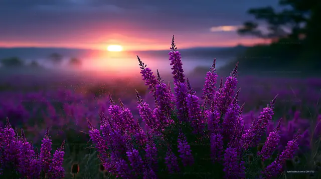 Sunrise over purple flowers in a misty field