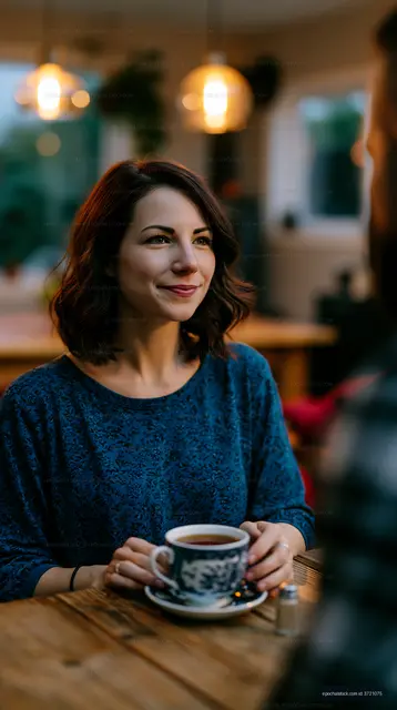 Woman enjoying a hot beverage in a cozy cafe setting