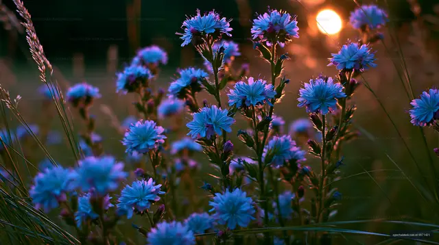 Blue wildflowers in a field during sunset