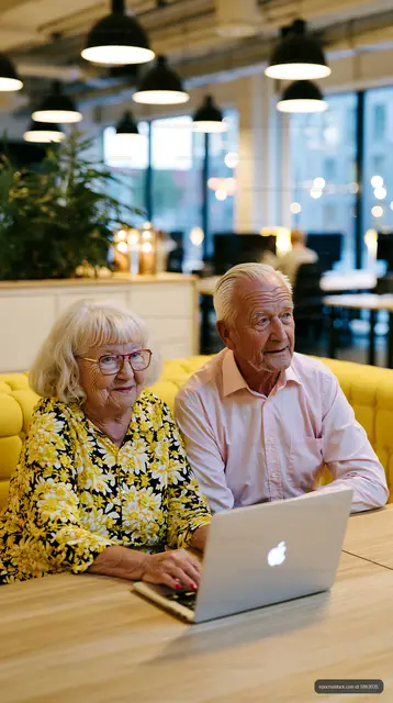 Elderly couple working on laptop in modern office setting