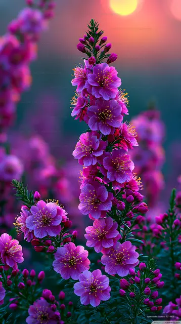 Colorful flowers blooming in a garden at sunset