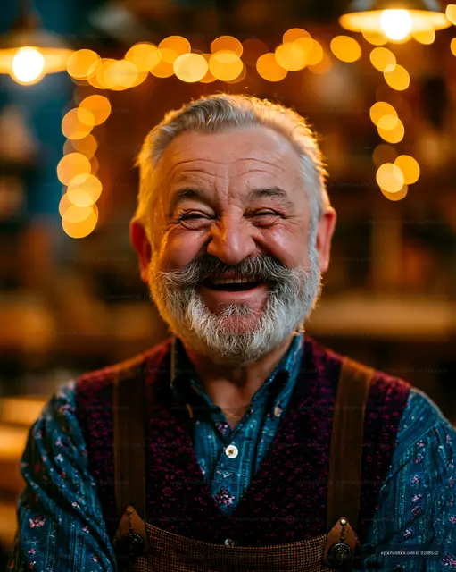 Smiling elderly man in a workshop with warm lights in background