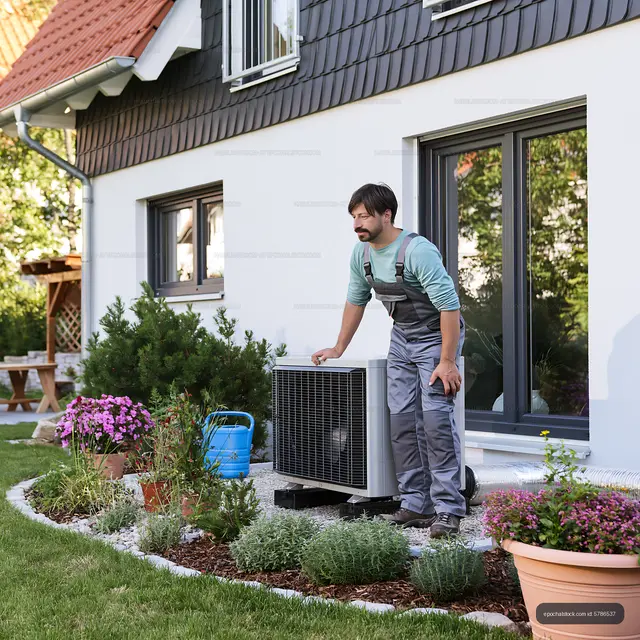 Man performing maintenance on air conditioning unit outside home