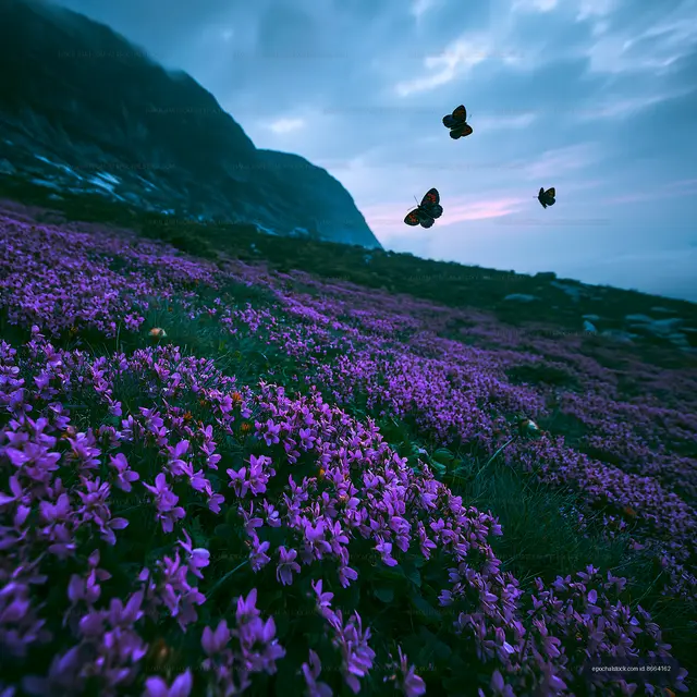 Purple flowers and butterflies in a mountainous landscape at dusk