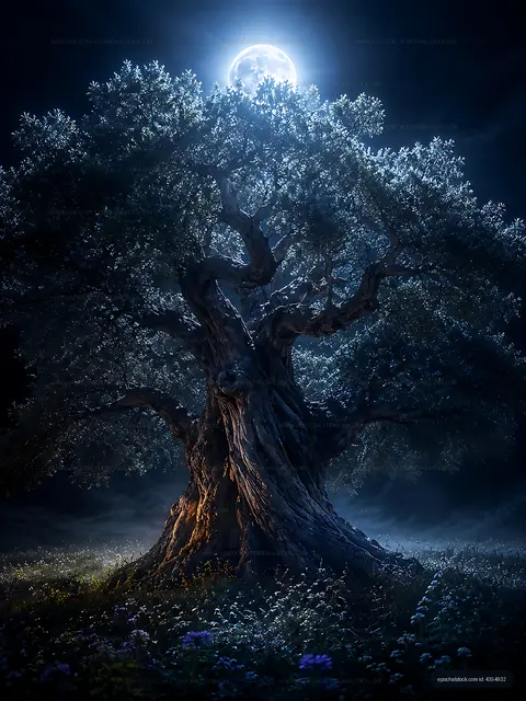 Moonlit tree under the night sky