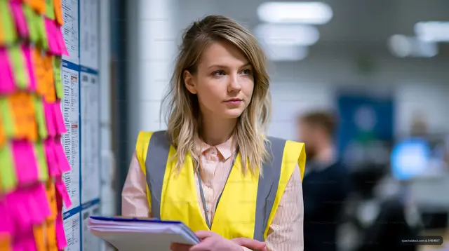 Young woman in yellow vest reviewing notes in office setting