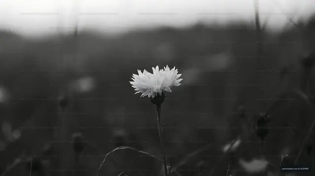 White flower standing alone in black and white field