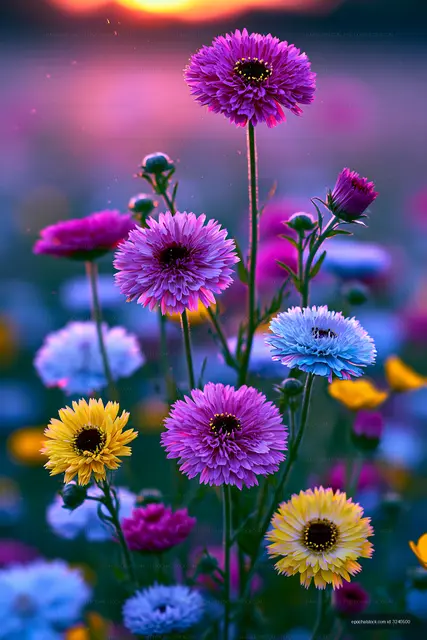 Colorful flowers growing in a field at sunset