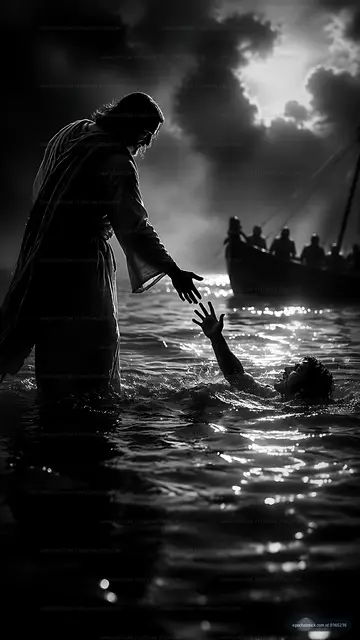 Jesus reaches out to help a man in dark waters