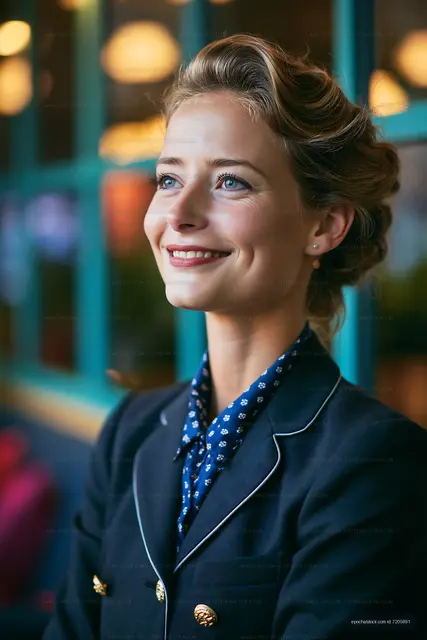 Woman smiling in café with blue-themed decor around her