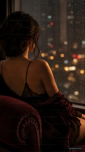 Woman sitting by window during rain with city lights outside