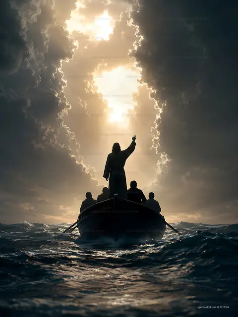 Individuals in a boat navigating stormy waters under dark clouds