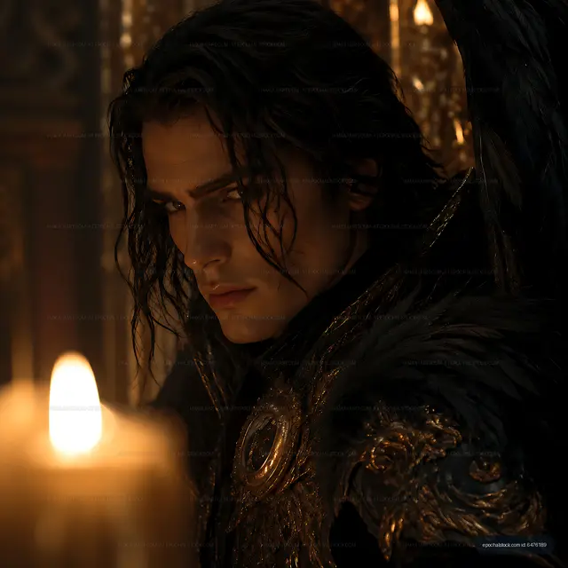Person in dark attire with a candle in a dramatic setting