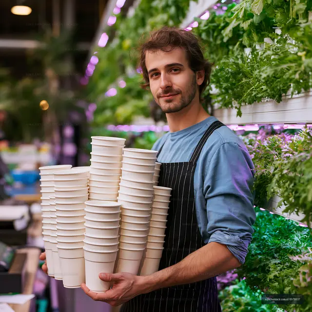 Young man holds stack of paper cups in vertical farm