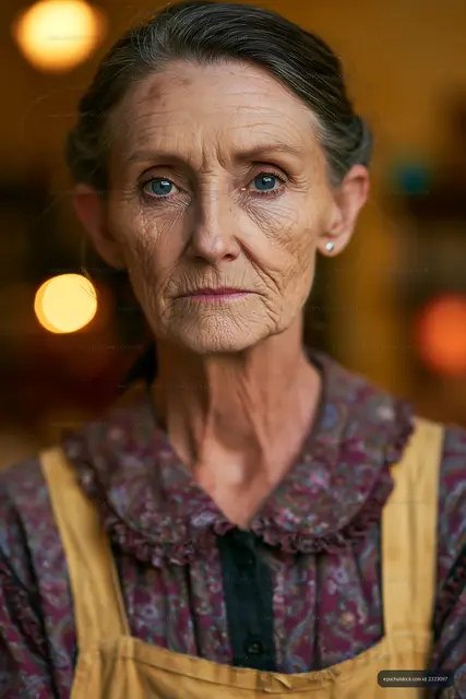 Elderly woman with deep-set eyes and a serious expression