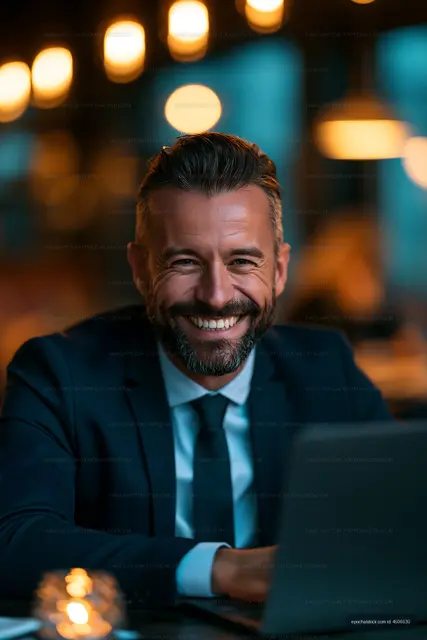 Businessman working on laptop and smiling at a cafe in the evening