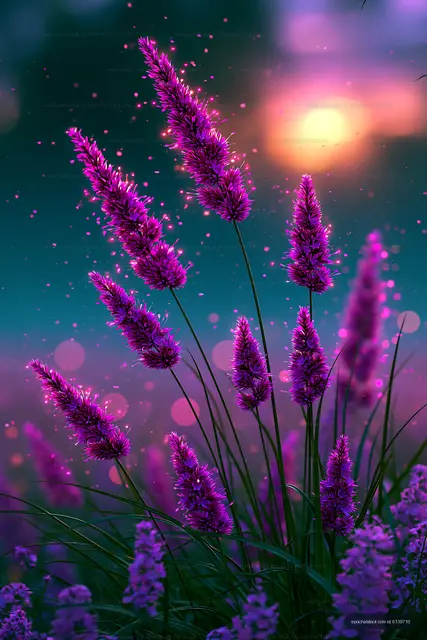 Vibrant purple flowers in a field at sunset